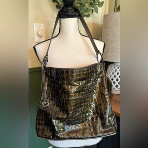 Brighton Shoulder Handbag Cher Collect Patent Leather Croc Embossed Large Brown